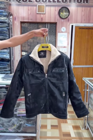 Men's Black Faux Leather Biker Jacket with Sherpa/Fleece Collar