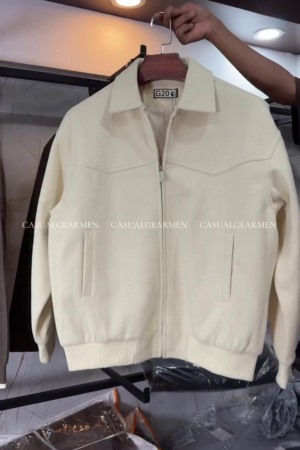 Men's Cream Textured Bomber Jacket - Classic Collared Zip-Up