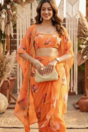 Orange Lotus Crop-top and Draped Skirt Co-ord Set