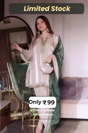 Off-White Embroidered Kurta Set with Bottle Green Dupatta