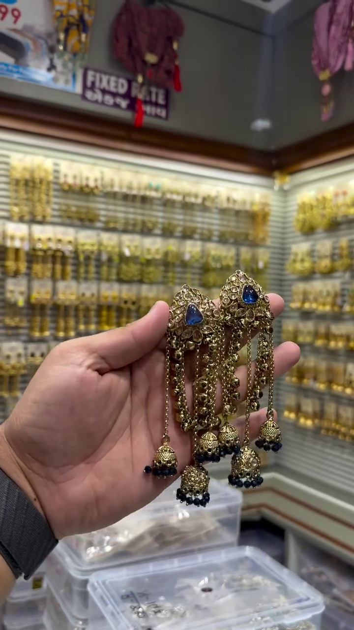 Kundan Studded Layered Shoulder Duster Jhumka Earrings - Image 8