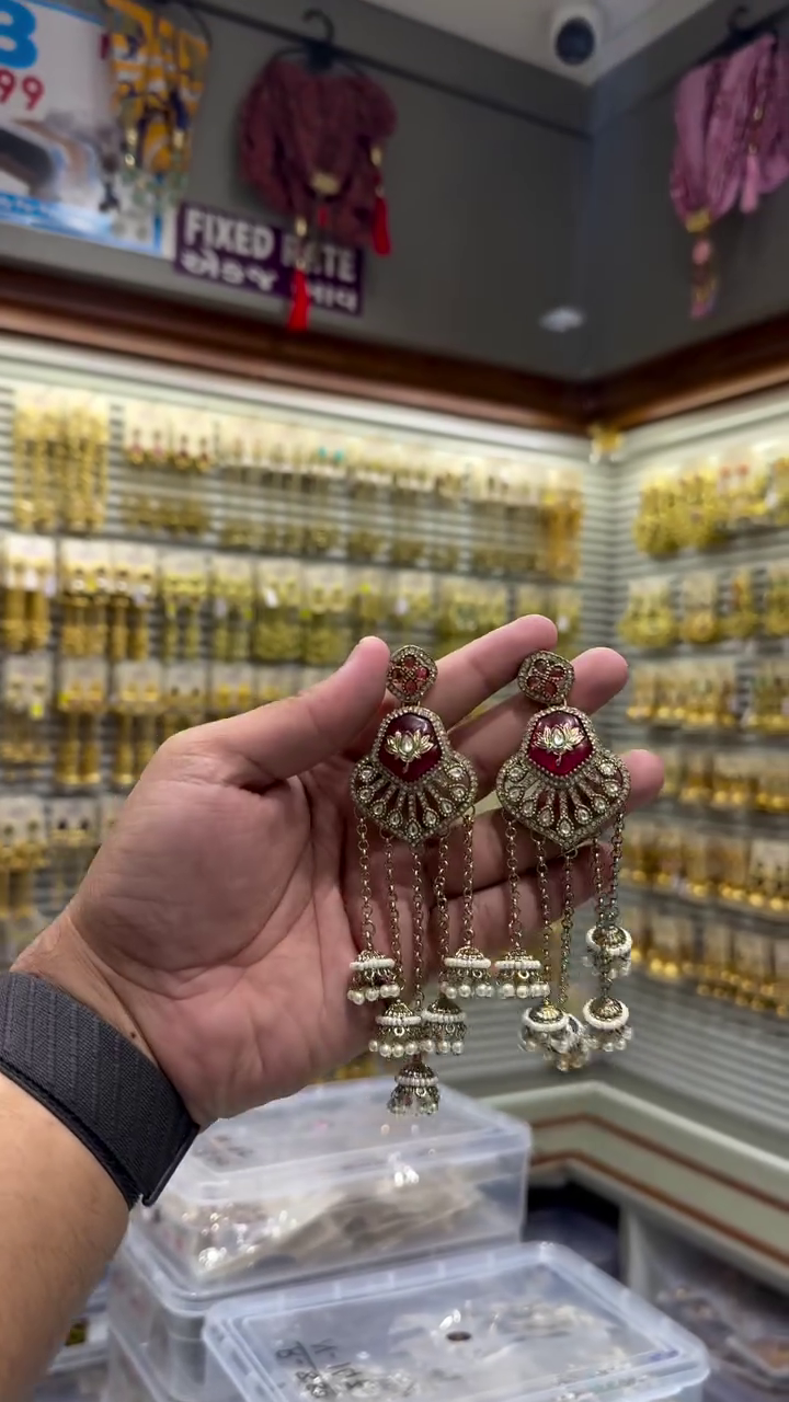 Kundan Studded Layered Shoulder Duster Jhumka Earrings - Image 7
