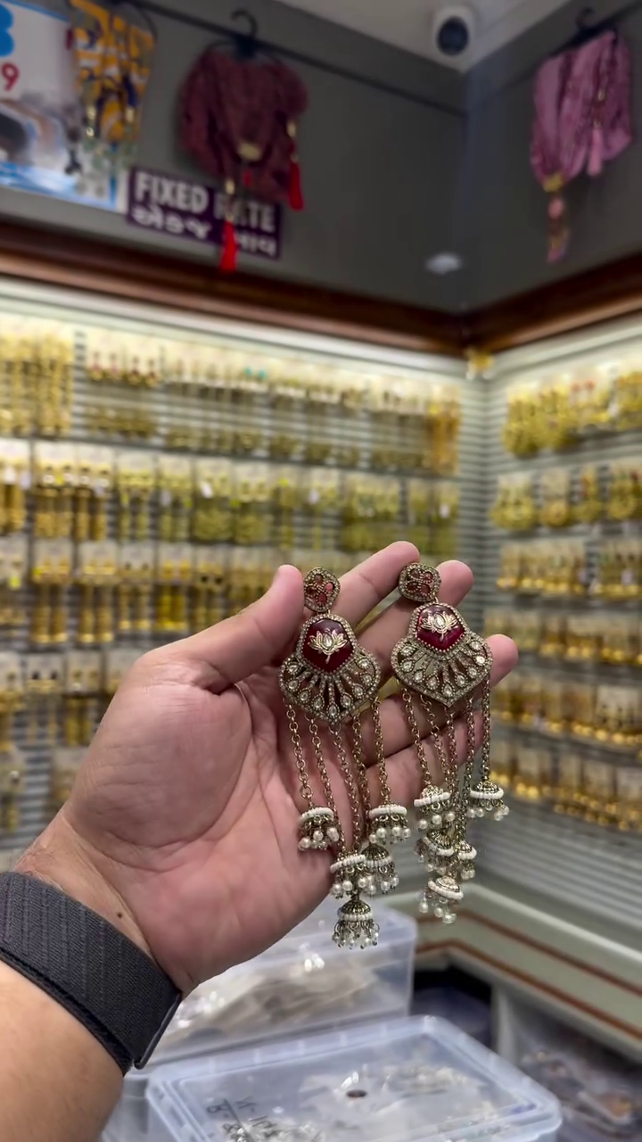 Kundan Studded Layered Shoulder Duster Jhumka Earrings - Image 6