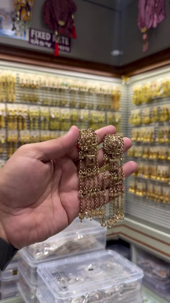 Kundan Studded Layered Shoulder Duster Jhumka Earrings - Image 5
