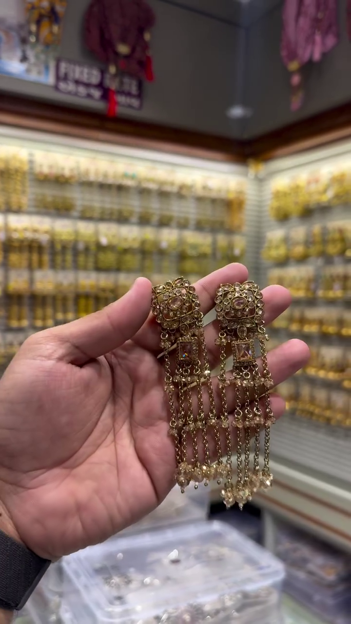 Kundan Studded Layered Shoulder Duster Jhumka Earrings - Image 4