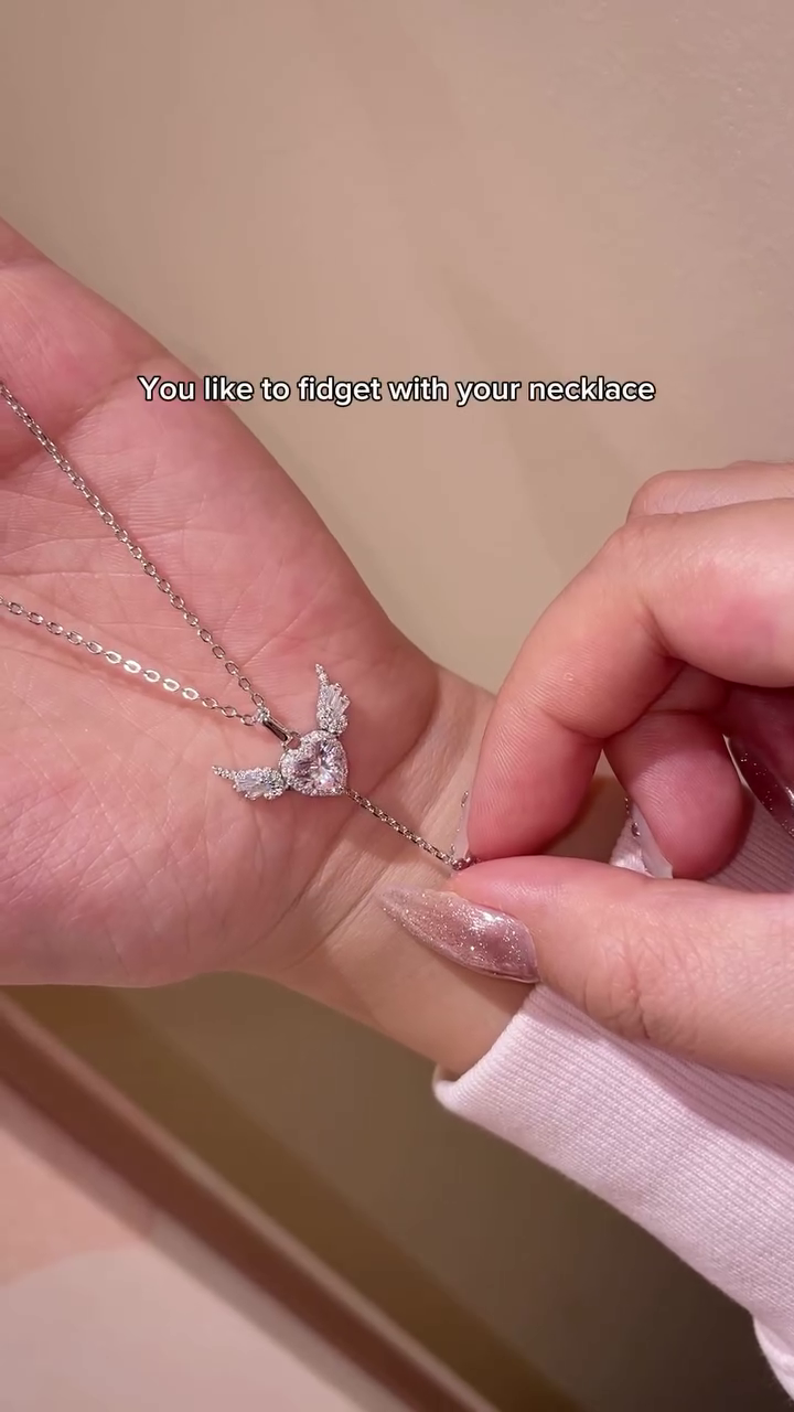 Diamond AD Nug Pink Love Heart Moving Angel Wing Locket Pendant Necklace Silver-plated Stainless Steel Pendant Set (Pack of 1pc)