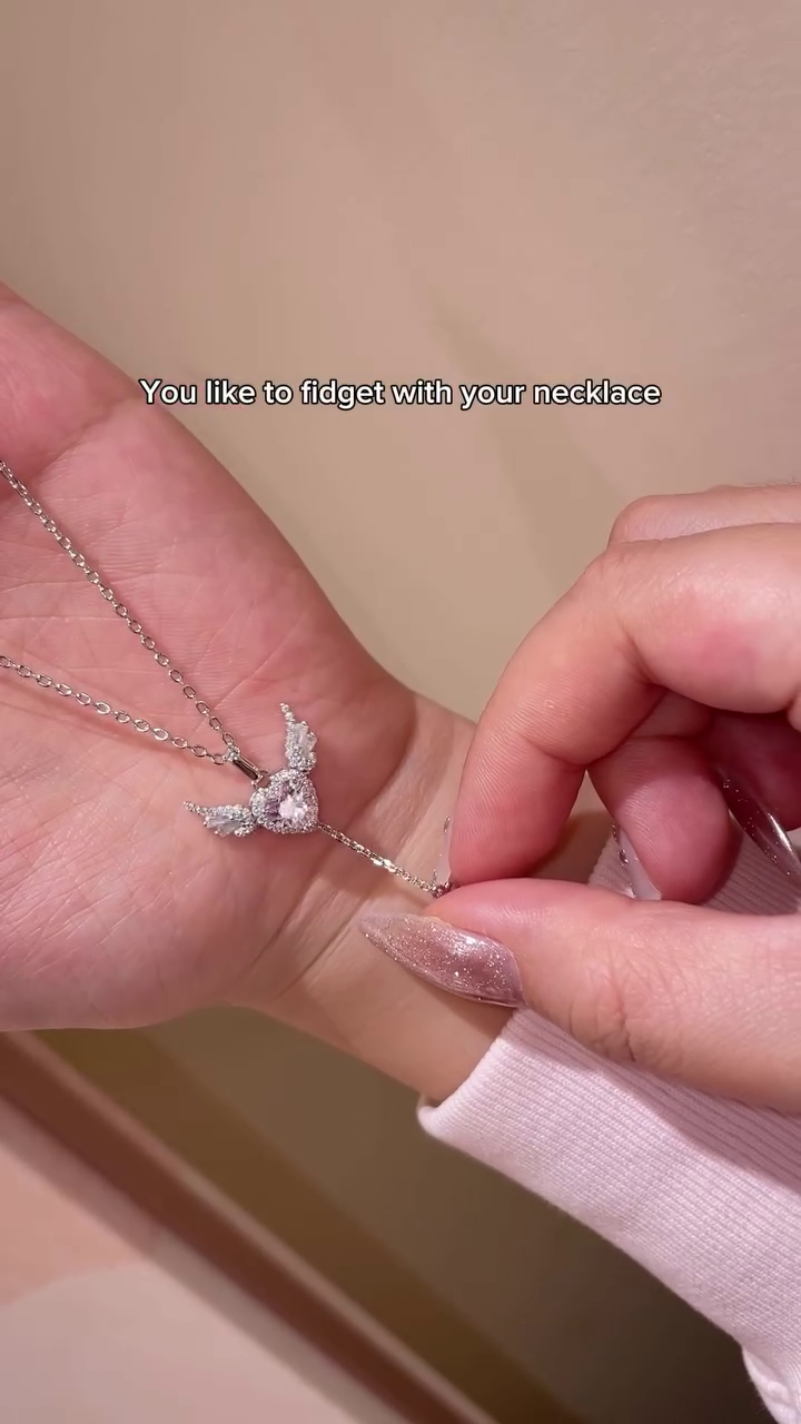 Diamond AD Nug Pink Love Heart Moving Angel Wing Locket Pendant Necklace Silver-plated Stainless Steel Pendant Set (Pack of 1pc) - Image 5