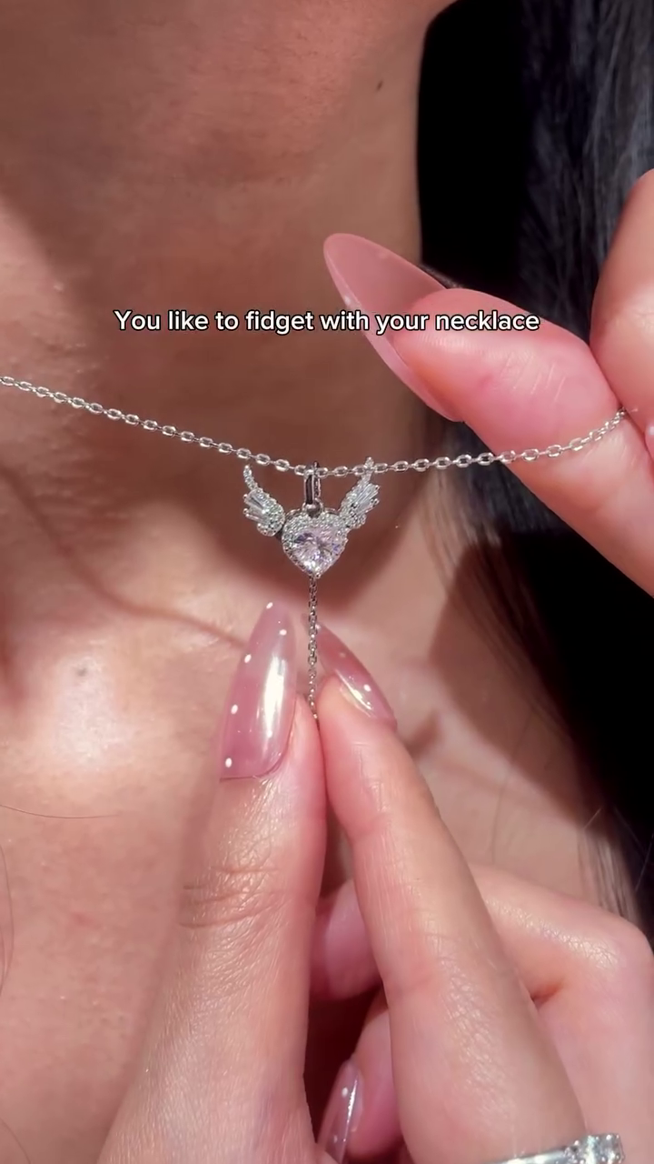 Diamond AD Nug Pink Love Heart Moving Angel Wing Locket Pendant Necklace Silver-plated Stainless Steel Pendant Set (Pack of 1pc) - Image 4
