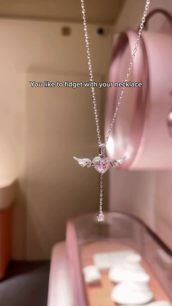 Diamond AD Nug Pink Love Heart Moving Angel Wing Locket Pendant Necklace Silver-plated Stainless Steel Pendant Set (Pack of 1pc) - Image 3