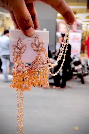 Gold Plated Jhumka Earrings with Pearl Sahare for Women | Traditional Kundan Pearl Drop Jhumki with Ear Chain | Bridal Wedding Party Ethnic Jewelry for Girls & Women